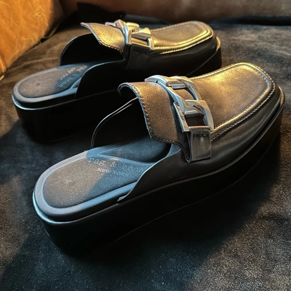 Rag & Bone Logan leather silver chain loafer mule slide platform flatform size 9 - Picture 6 of 16